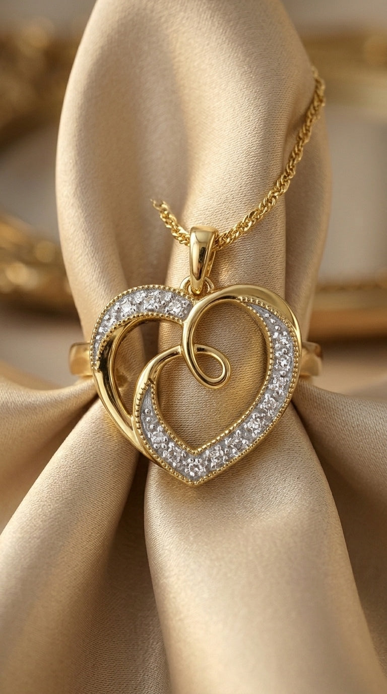 14K Yellow Gold Plated .925 Sterling Silver Diamond Accent Ribbon & Heart 18" Pendant Necklace (H-I Color, I2-I3 Clarity)
